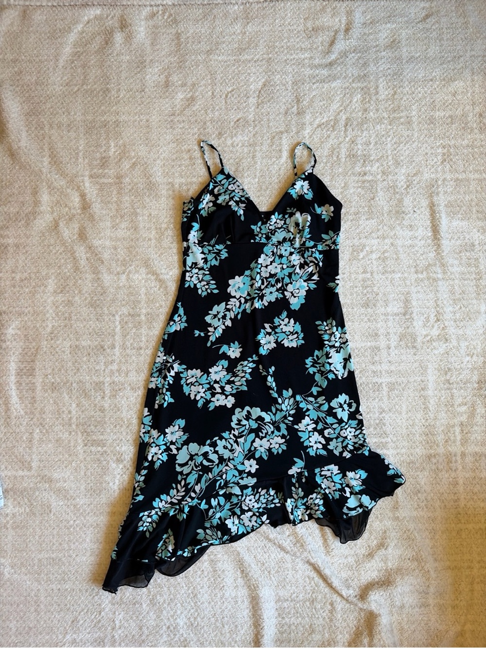 Mariposa Y2K Floral Handkerchief Hem Dress | Black Blue Slip Dress Medium